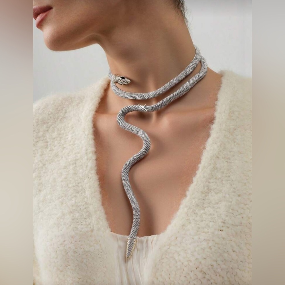 Silver Snake Statement Necklace Serpent Wrap Choker Bold Fashion Jewelry